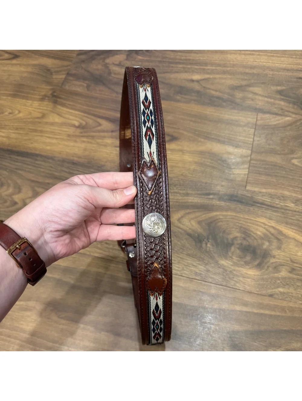 Vintage Wrangler Men’s Western Belt Size 40 Leather Aztec Inlay Statement Buckle